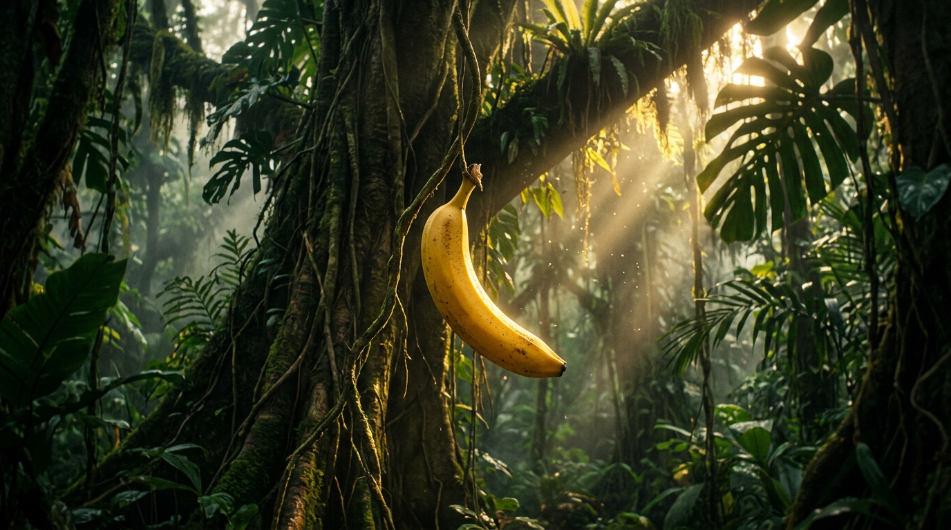 A single ripe banana hanging from an enormous tropical tree deep inside a misty rainfo