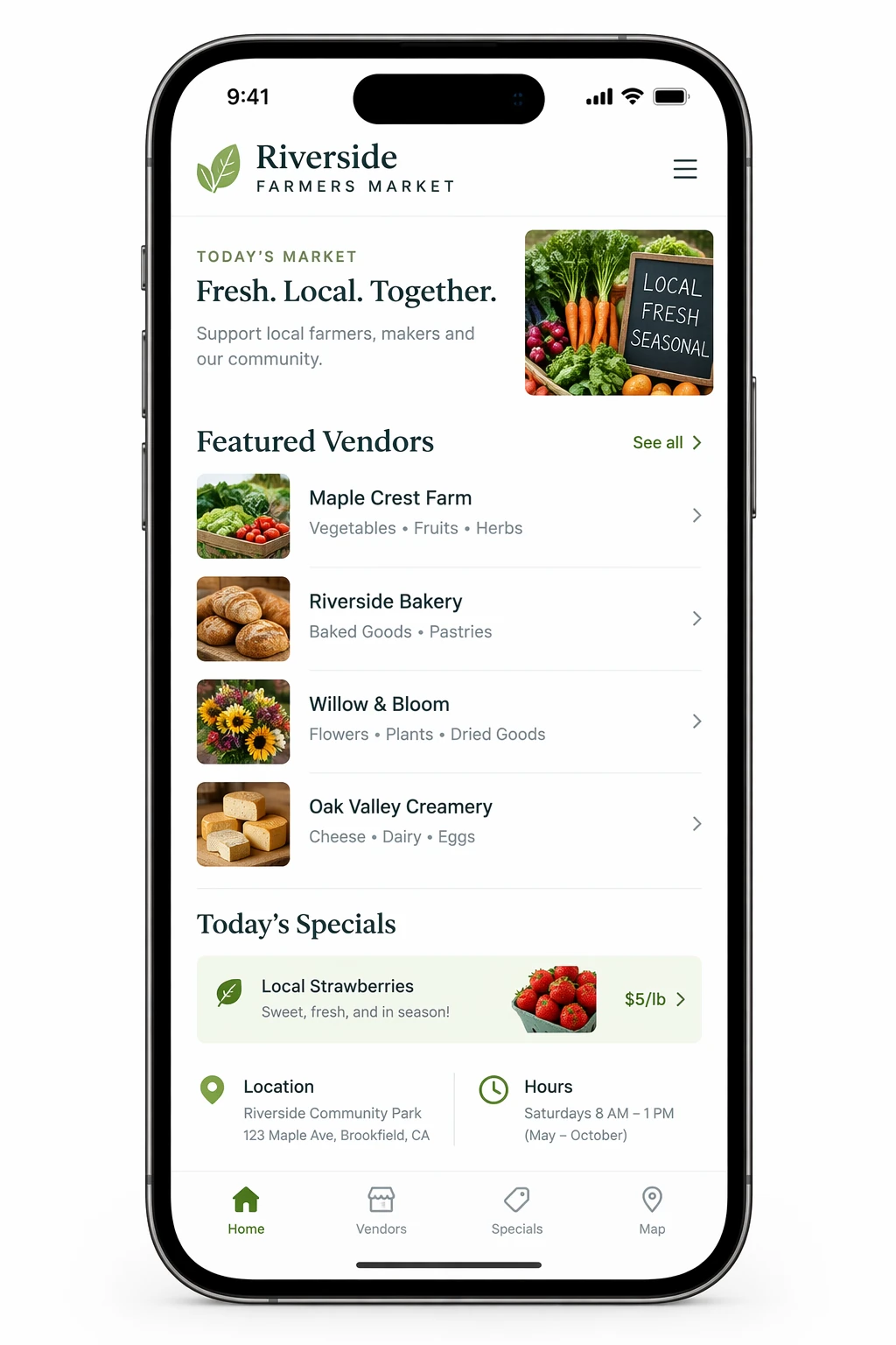 Farmers Market App UI in an iPhone Frame