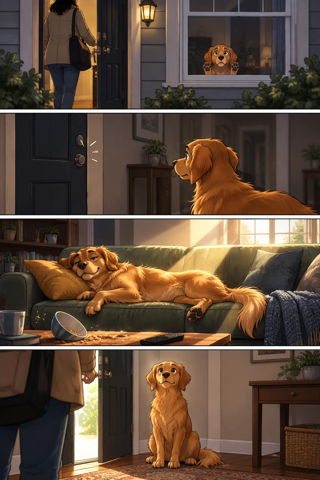 Four-Panel Comic of a Pet Home Alone