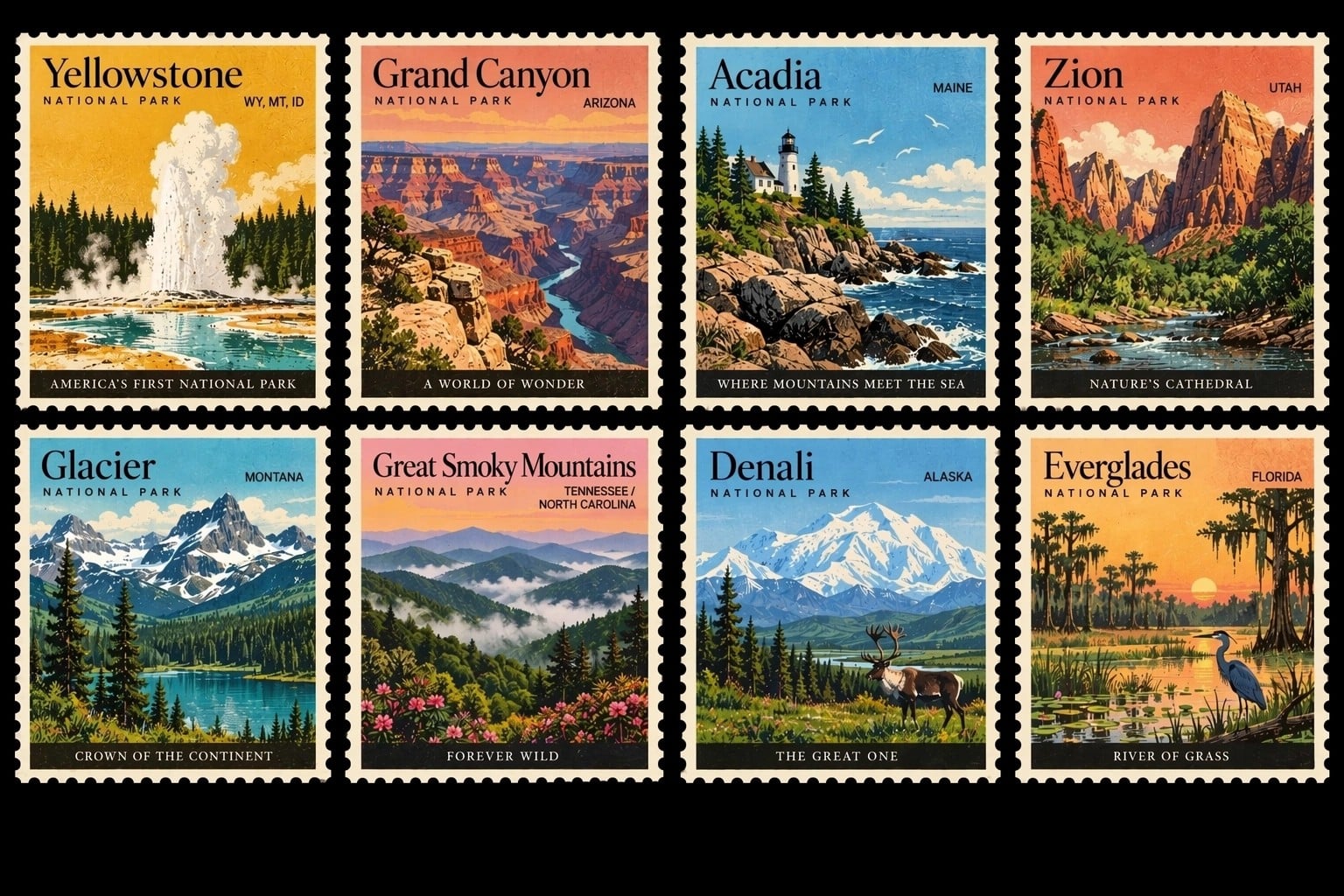 Vintage US National Parks Postage Stamps Set