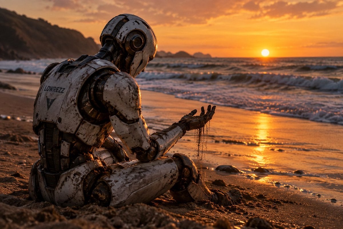 Robot on Beach at Sunset