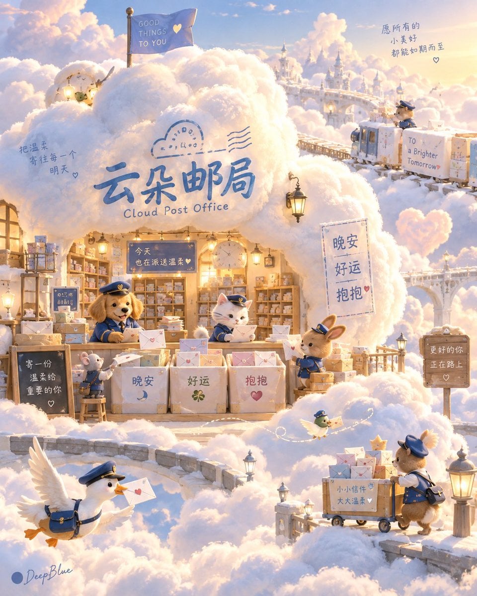 Cloud Post Office in a Healing Picture Book Style