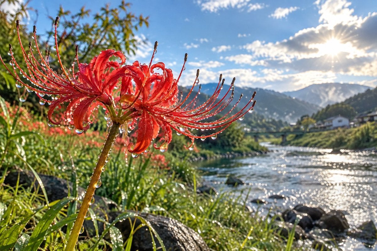 Red Spider Lily By River After Rain