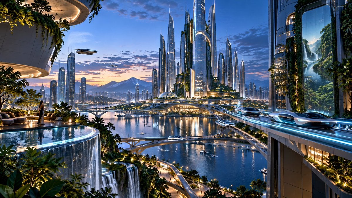 Dusk Eco-Future City With Moon