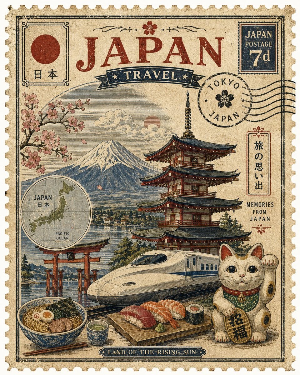 Vintage Travel Postage Stamp Artwork
