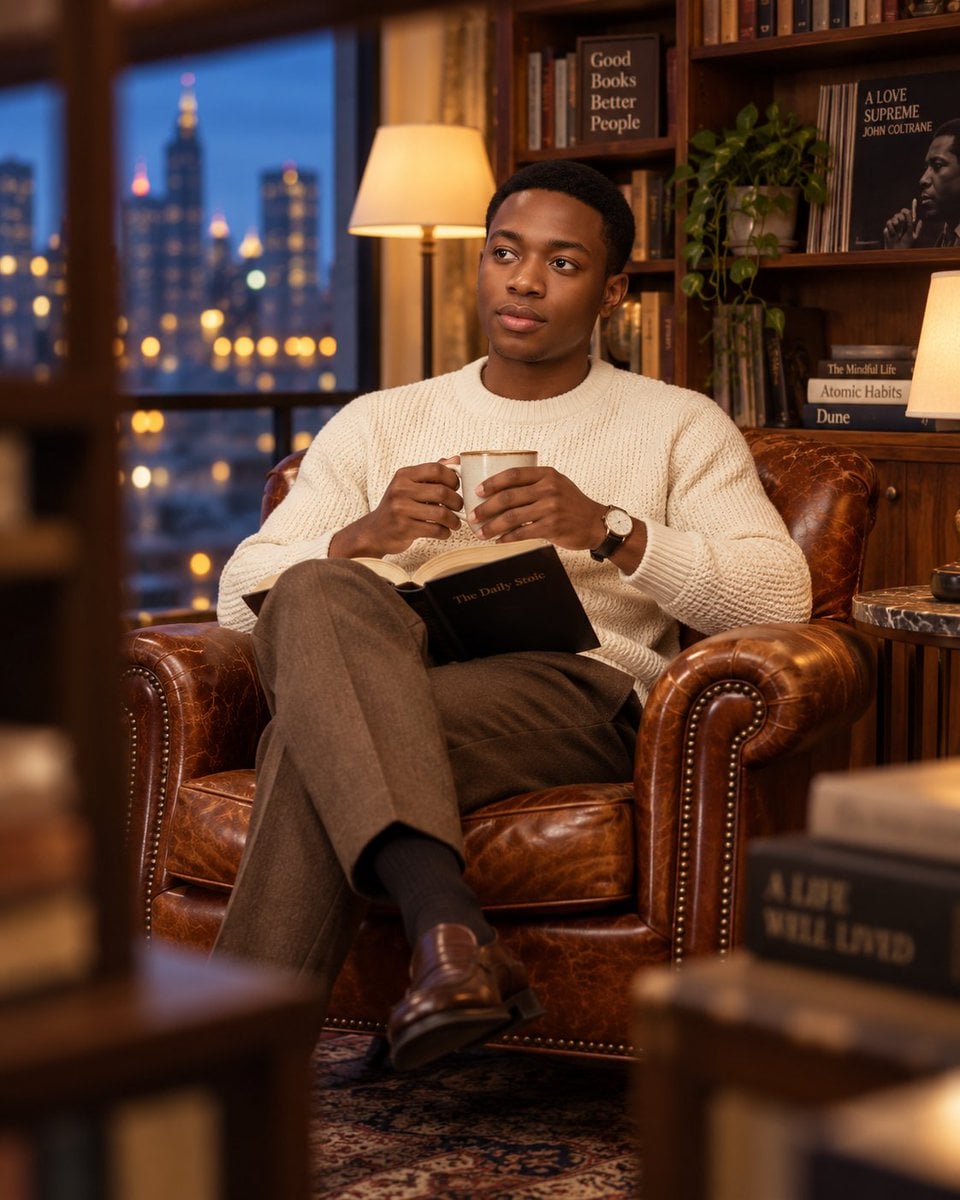Stylish Man in Cozy Evening Library