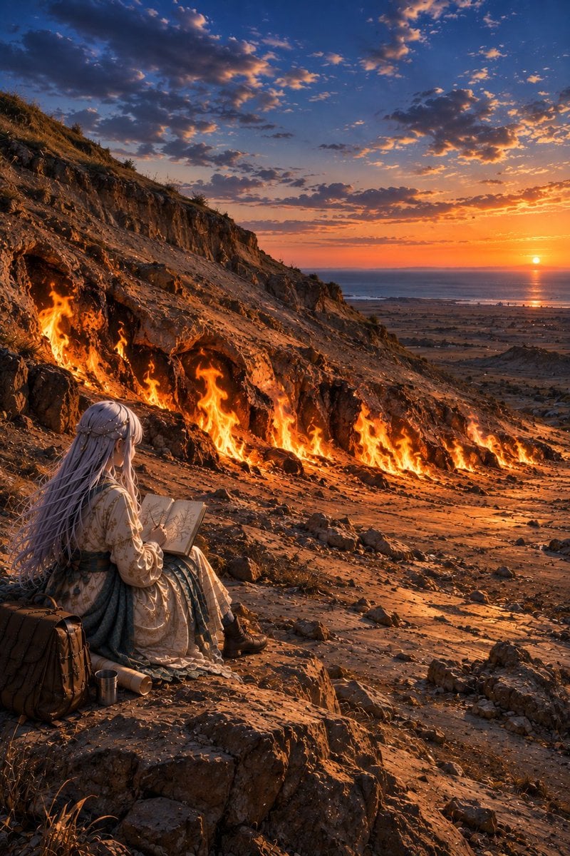 Sunset Over Cracked Earth With Flames