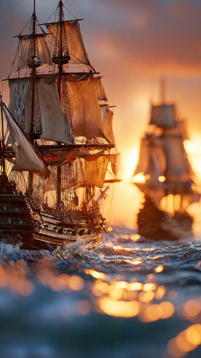 Vintage Sailing Ship At Golden Sunset