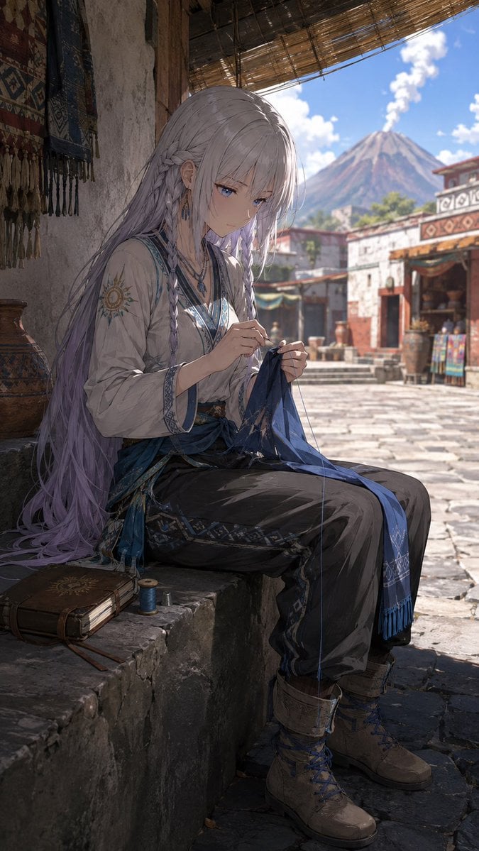 Traveler Mending Blue Cloth In Volcanic City