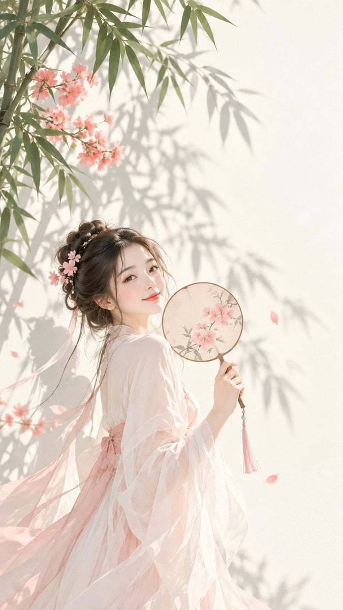 Ancient Lady with Fan Before Bamboo
