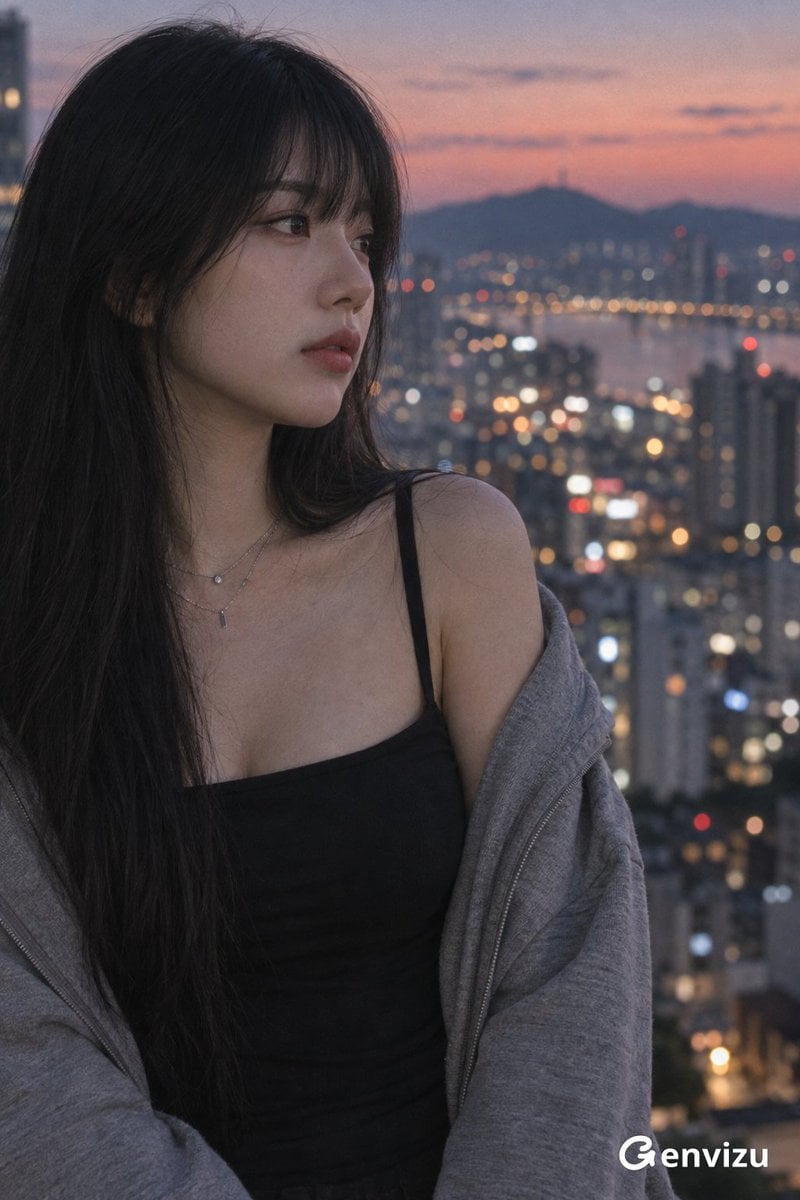 Editorial Portrait Of Woman Overlooking City