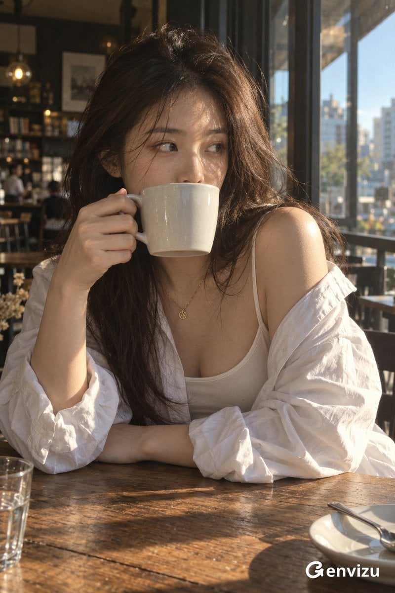 Cinematic Portrait Of Woman In Sunlit Cafe