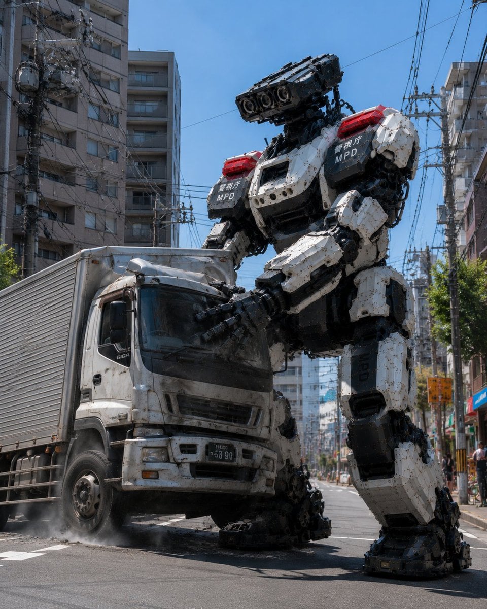 Police Robot Squad Stopping Runaway Truck