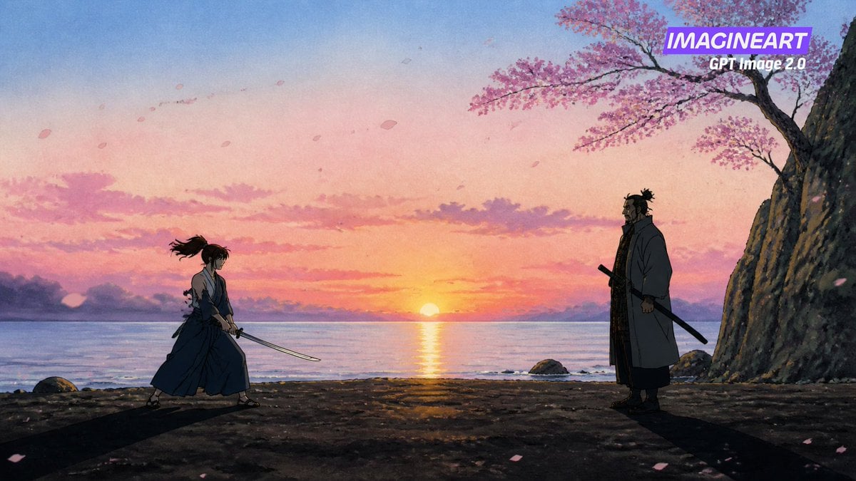 Hand-Drawn Anime Duel with Cherry Blossoms