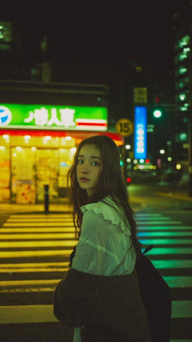Cinematic Night Street Portrait on Wet Crosswalk