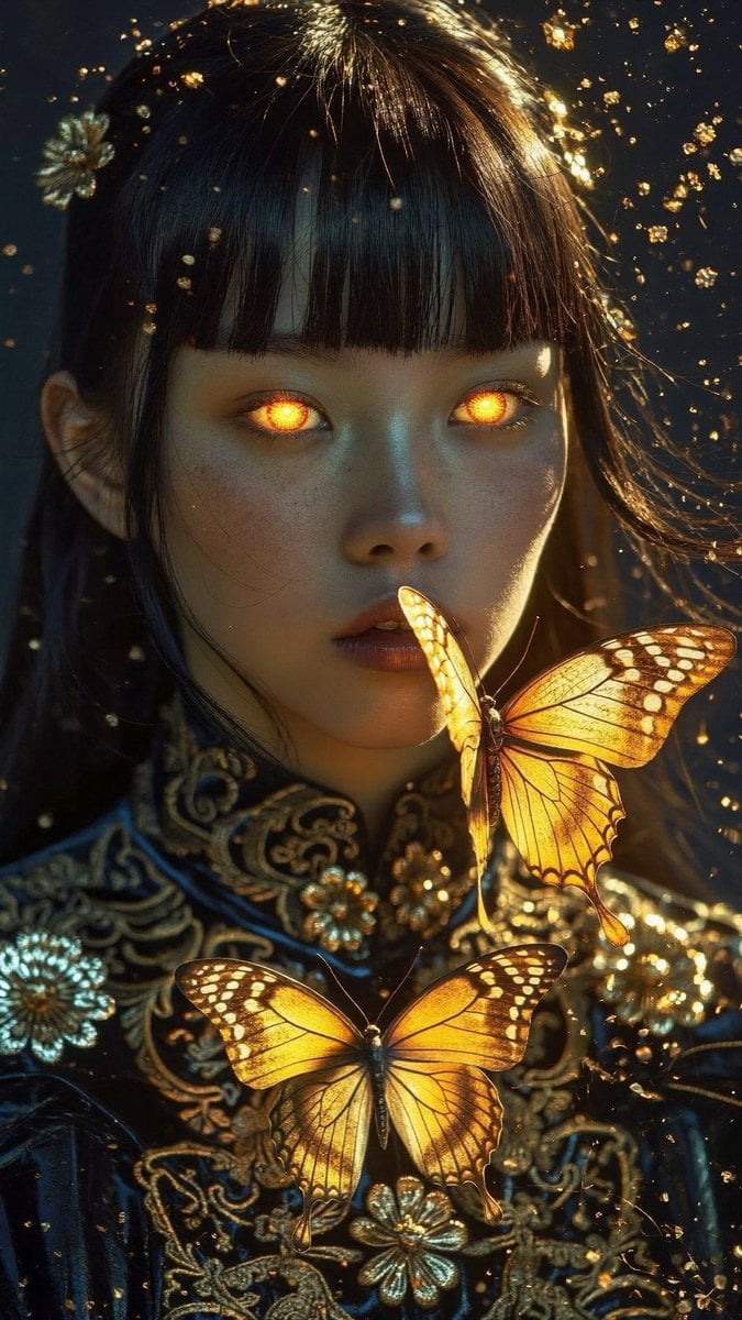 Close-Up Portrait with Glowing Gold Eyes