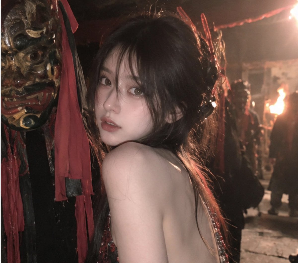 Close-Up Portrait at Nighttime Nuo Festival