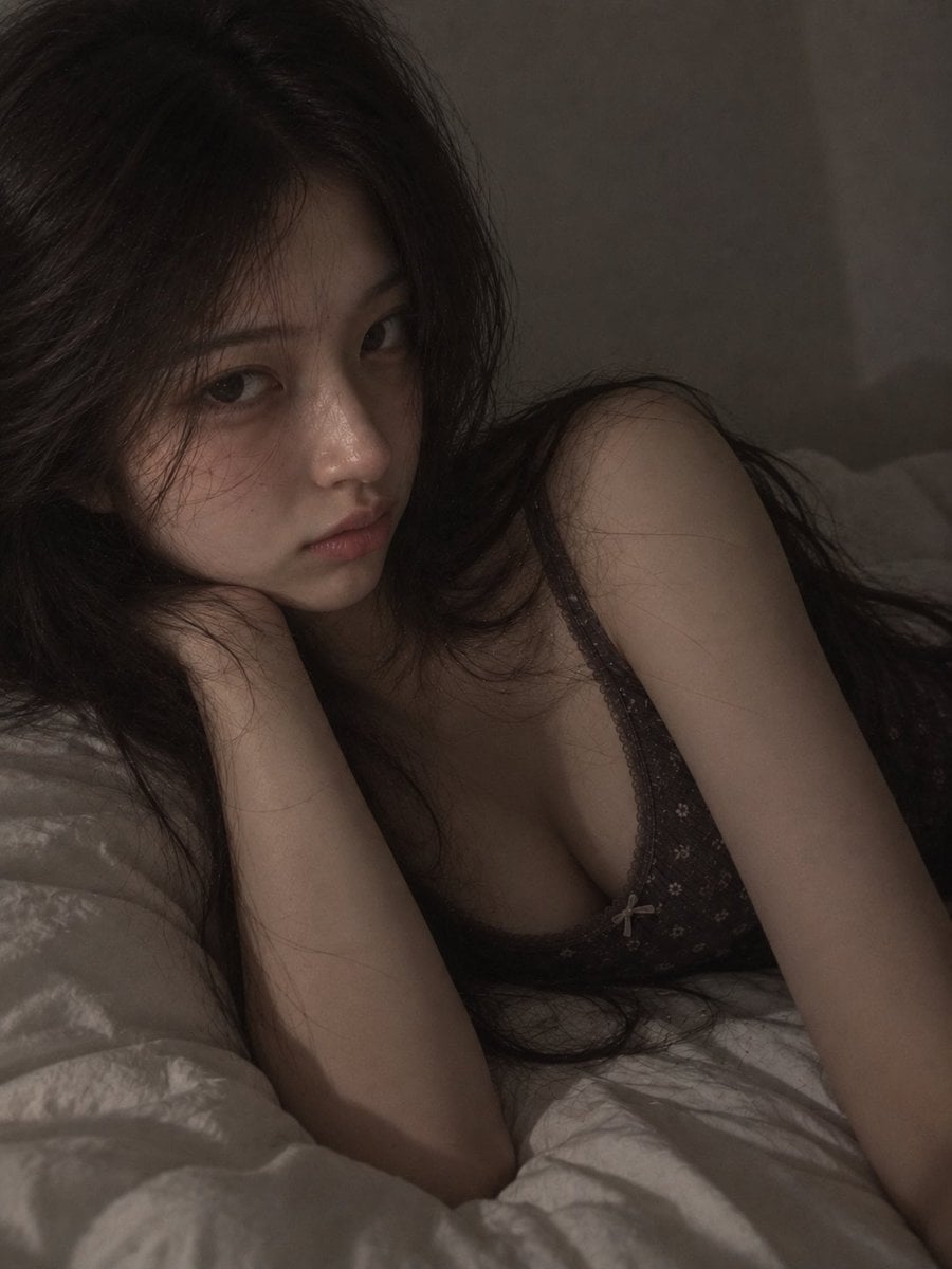 Portrait of Woman Reclining in Dim Bedroom