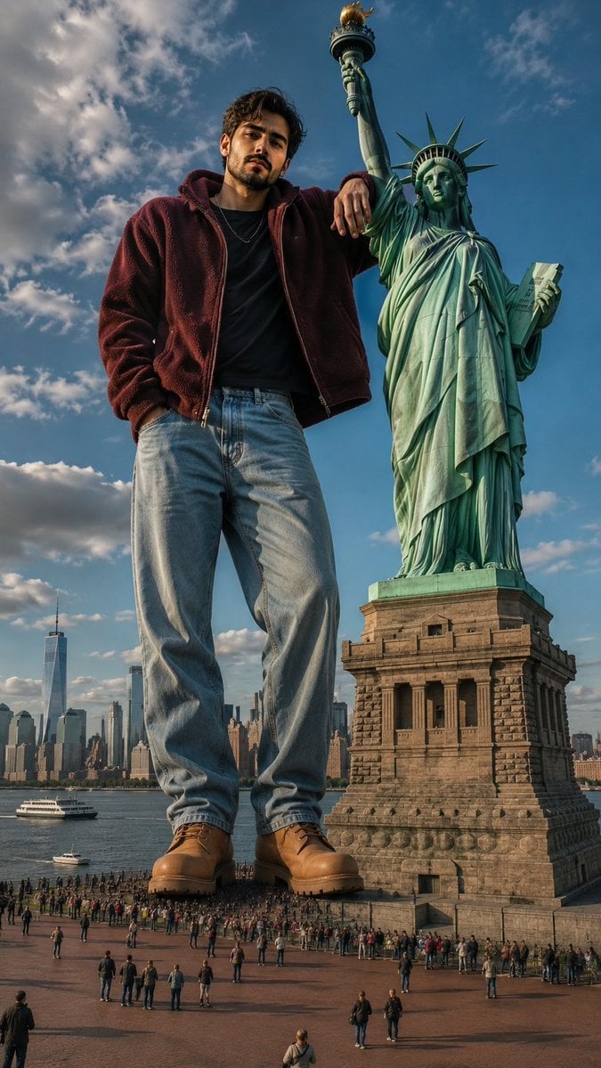 Giant Man Beside Statue of Liberty