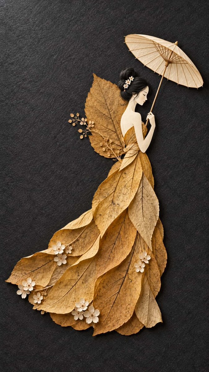 Vertical Botanical Paper Art of Slender Woman
