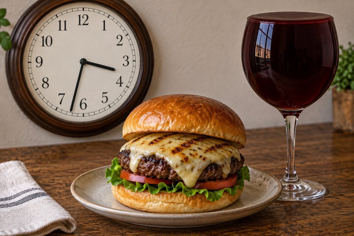 Analog Clock, Burger, and Drink