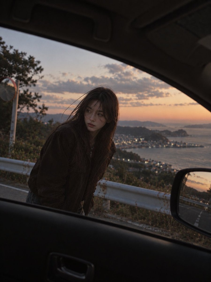 Asian Woman at Coastal Road Sunset