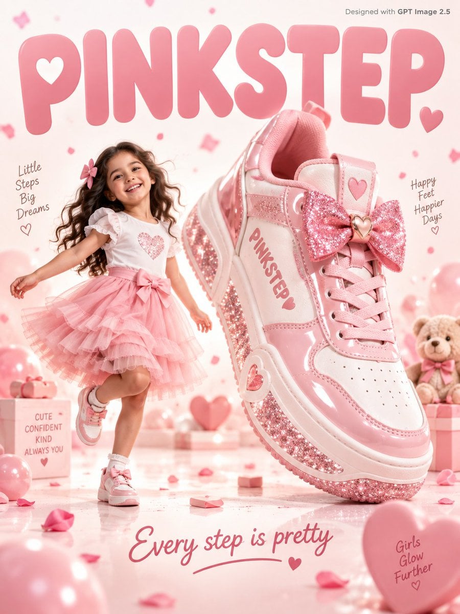 Kids Footwear Ad Poster with Girl and Giant Sneaker
