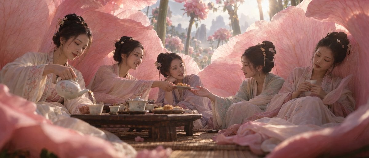 Cinematic Anamorphic Still of Women in Peony