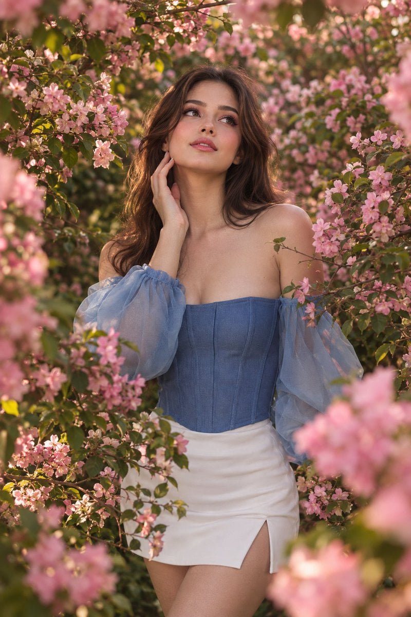 Woman Among Dense Pink Flowering Branches