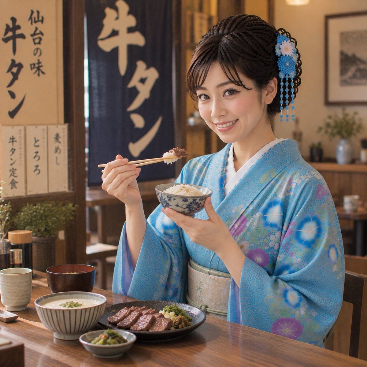 Woman in Kimono Eating Beef Tongue Rice