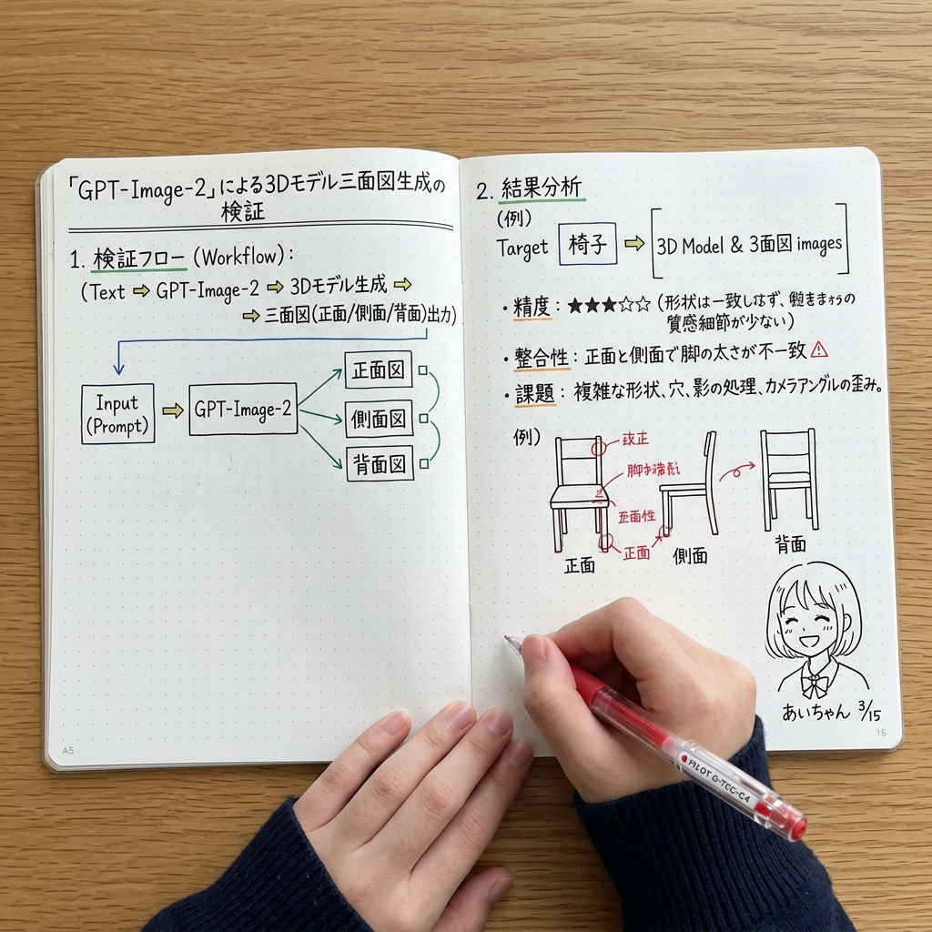 Notebook Spread with 3D Model Analysis Diagrams
