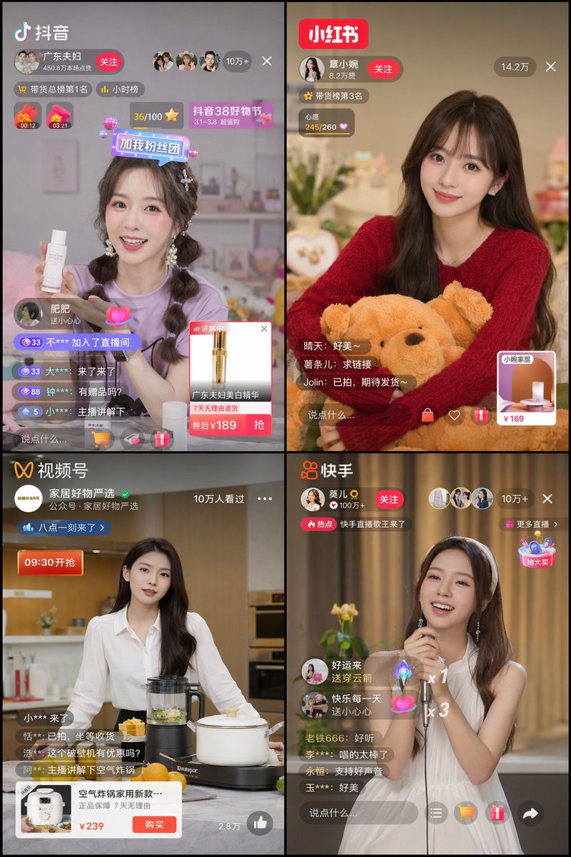 4-Panel Live Streaming App UI Mockup