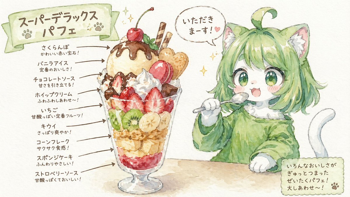 Character Eating Parfait with Annotations