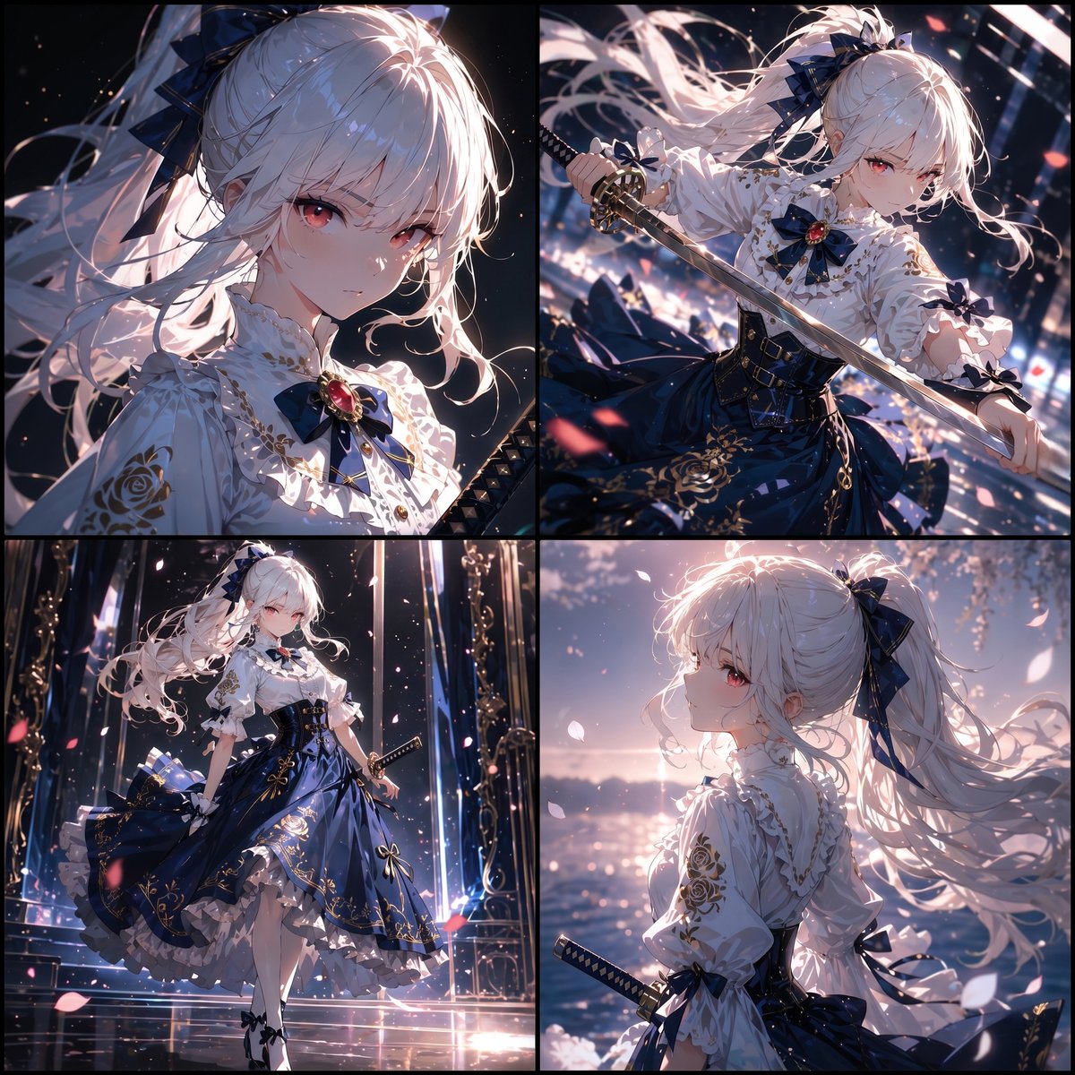Elegant Anime Swordswoman 4-Panel Sheet