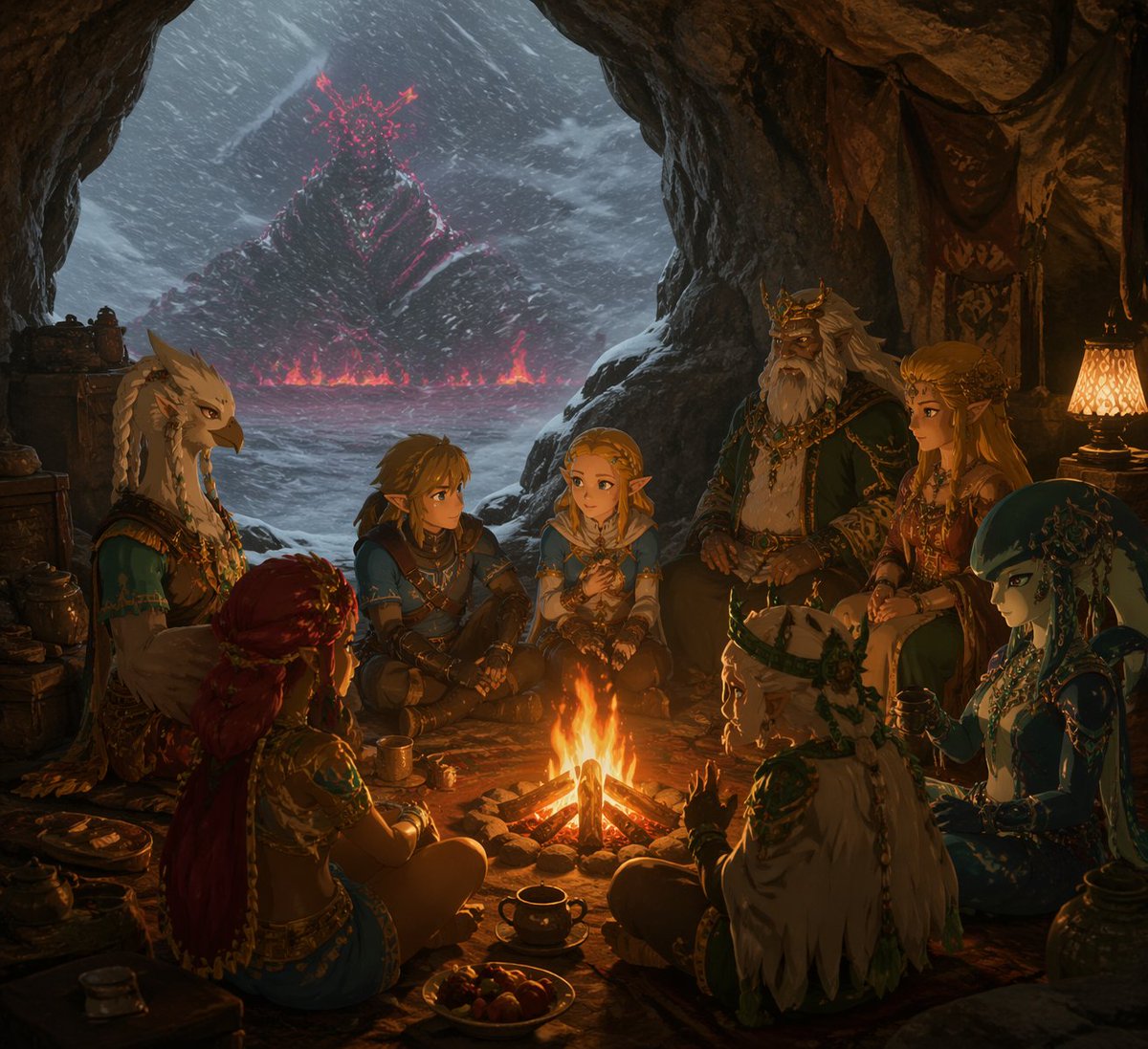 Fantasy Campfire Before a Crimson Mountain