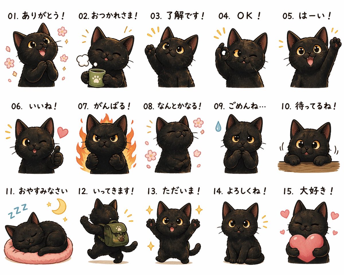 Cute Black Kitten Japanese Sticker Sheet