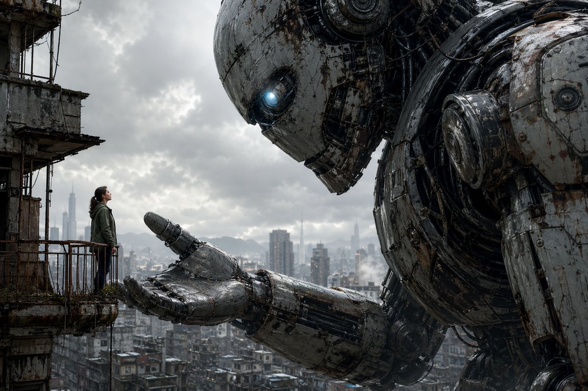 Giant Robot Meets Woman on Balcony