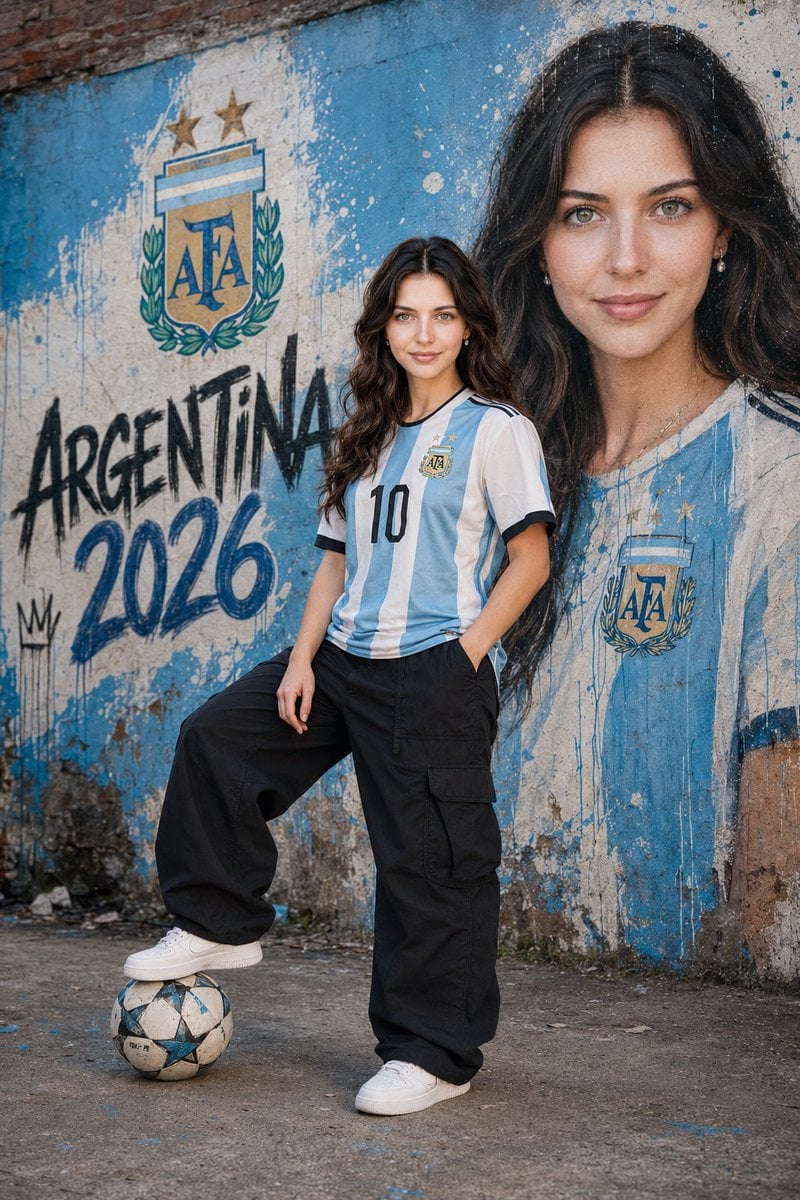 Woman with soccer ball in Argentina jersey