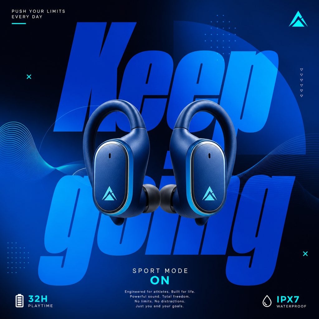Sports earbuds advertising poster prompt