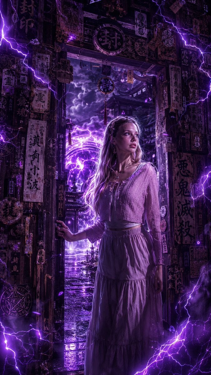 Dark Fantasy Anime Girl at Shrine Door