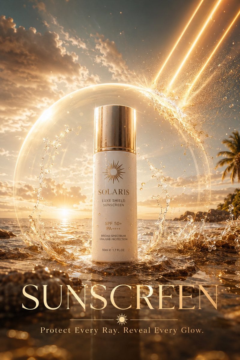 Luxury sunscreen ad on tropical shore