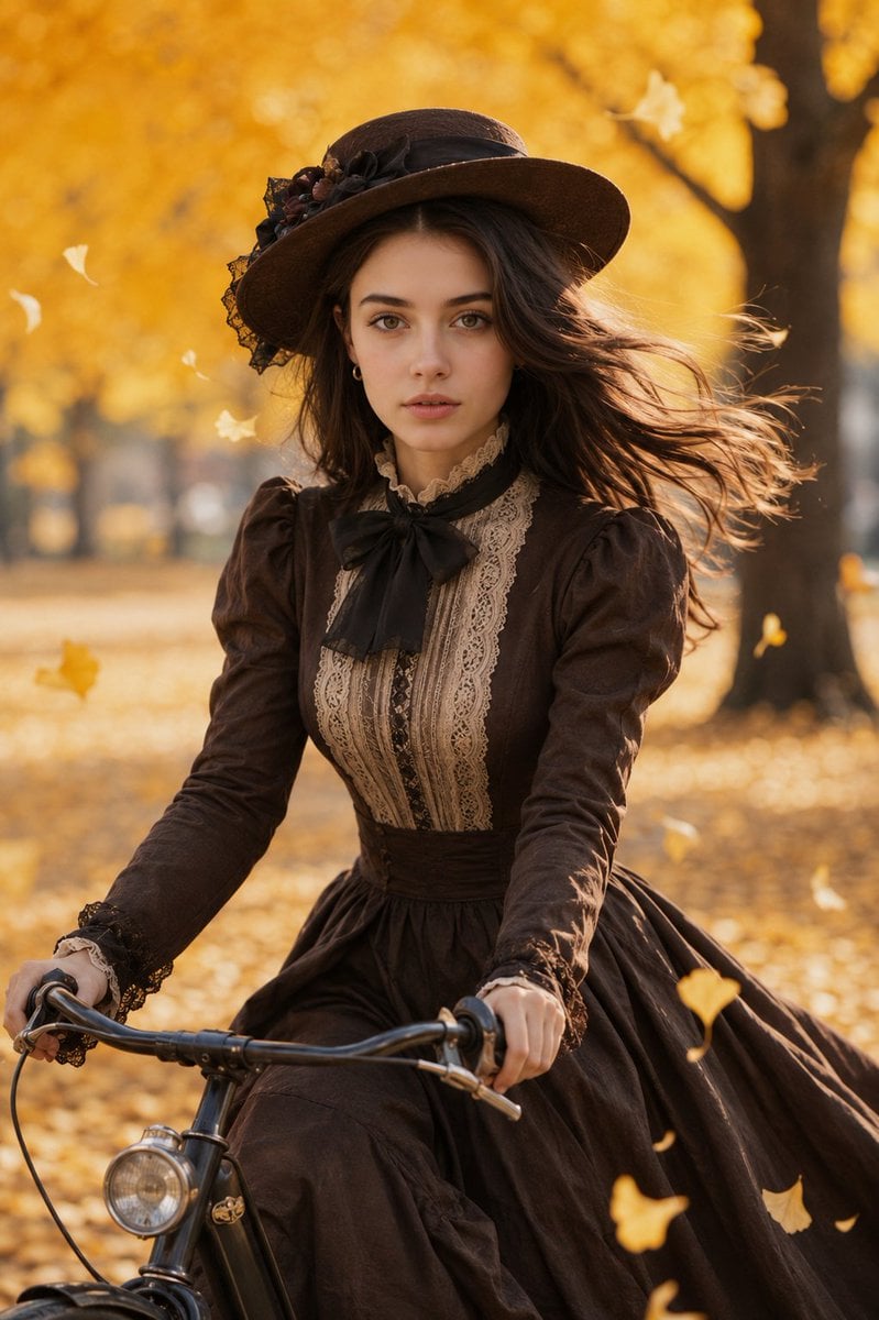 Victorian Woman Riding Bicycle in Autumn Park