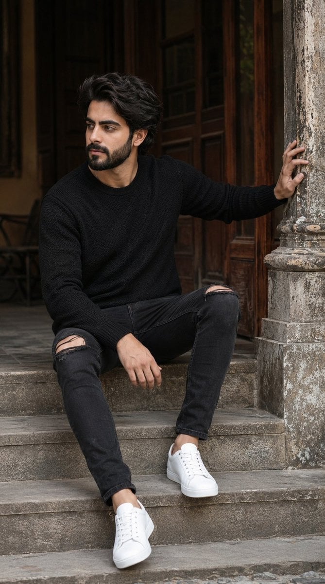 Hyperrealistic Indian Man on Stone Steps
