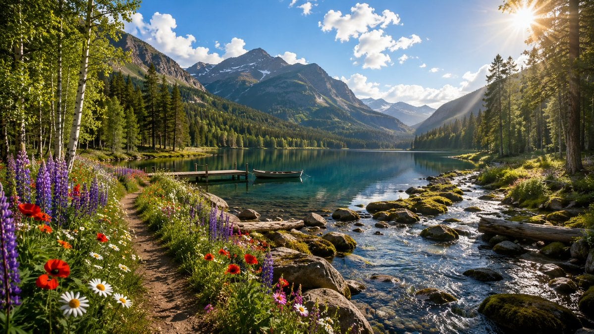 Alpine Lake and Forest Stream Landscape