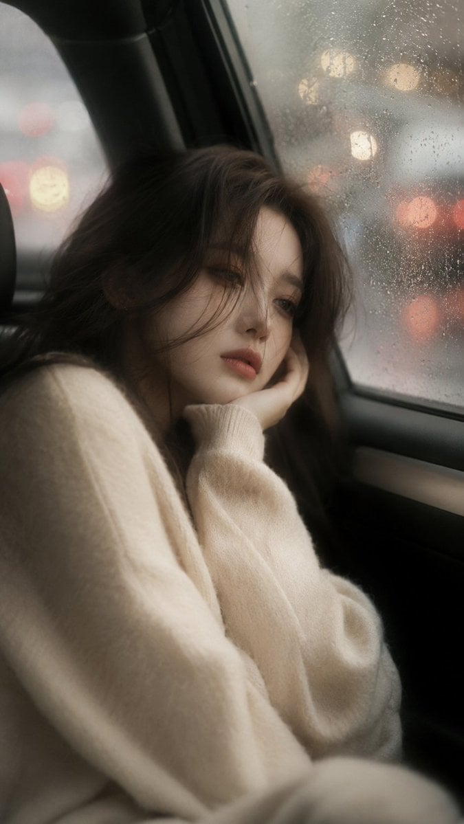 Cinematic Portrait of a Melancholic Woman in Car