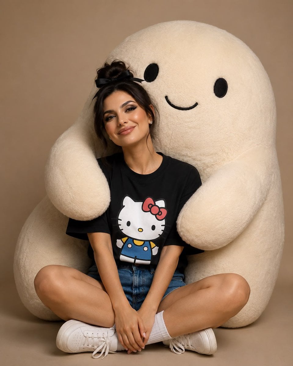 Studio photo of smiling woman in graphic tee