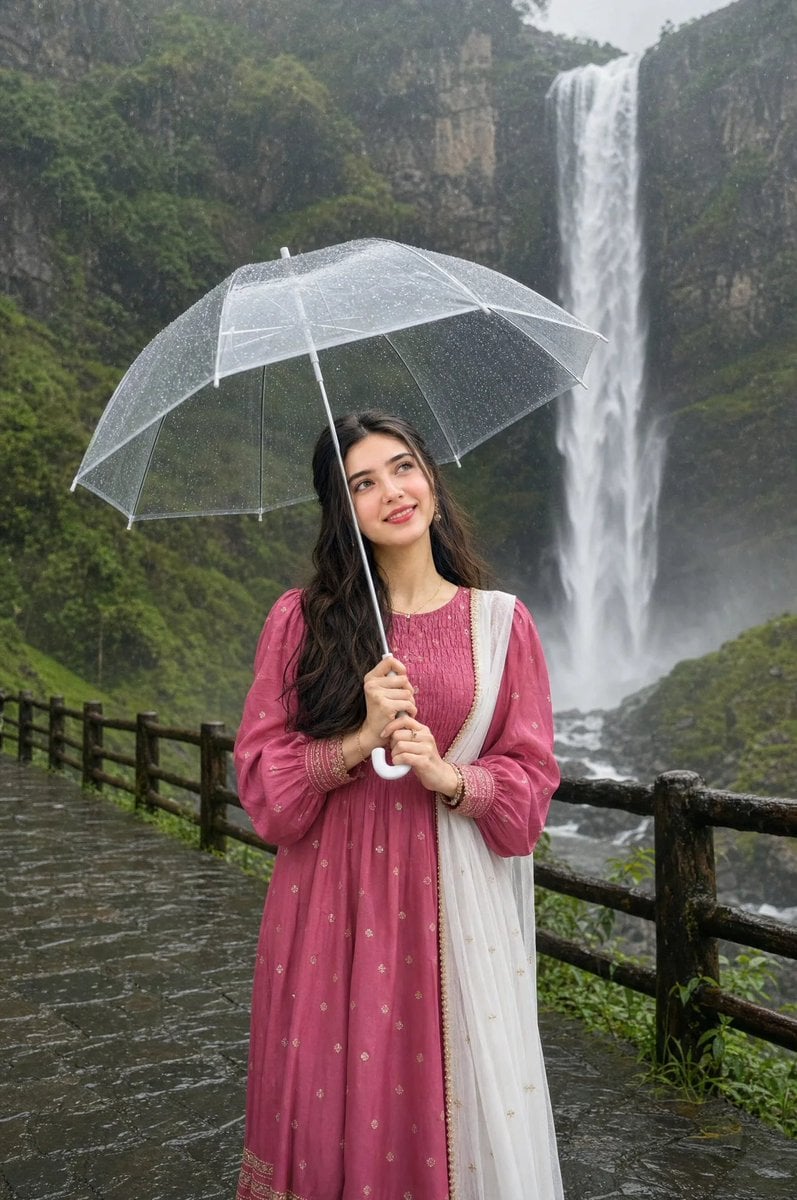 Woman in Rain by Waterfall Photorealistic Portrait