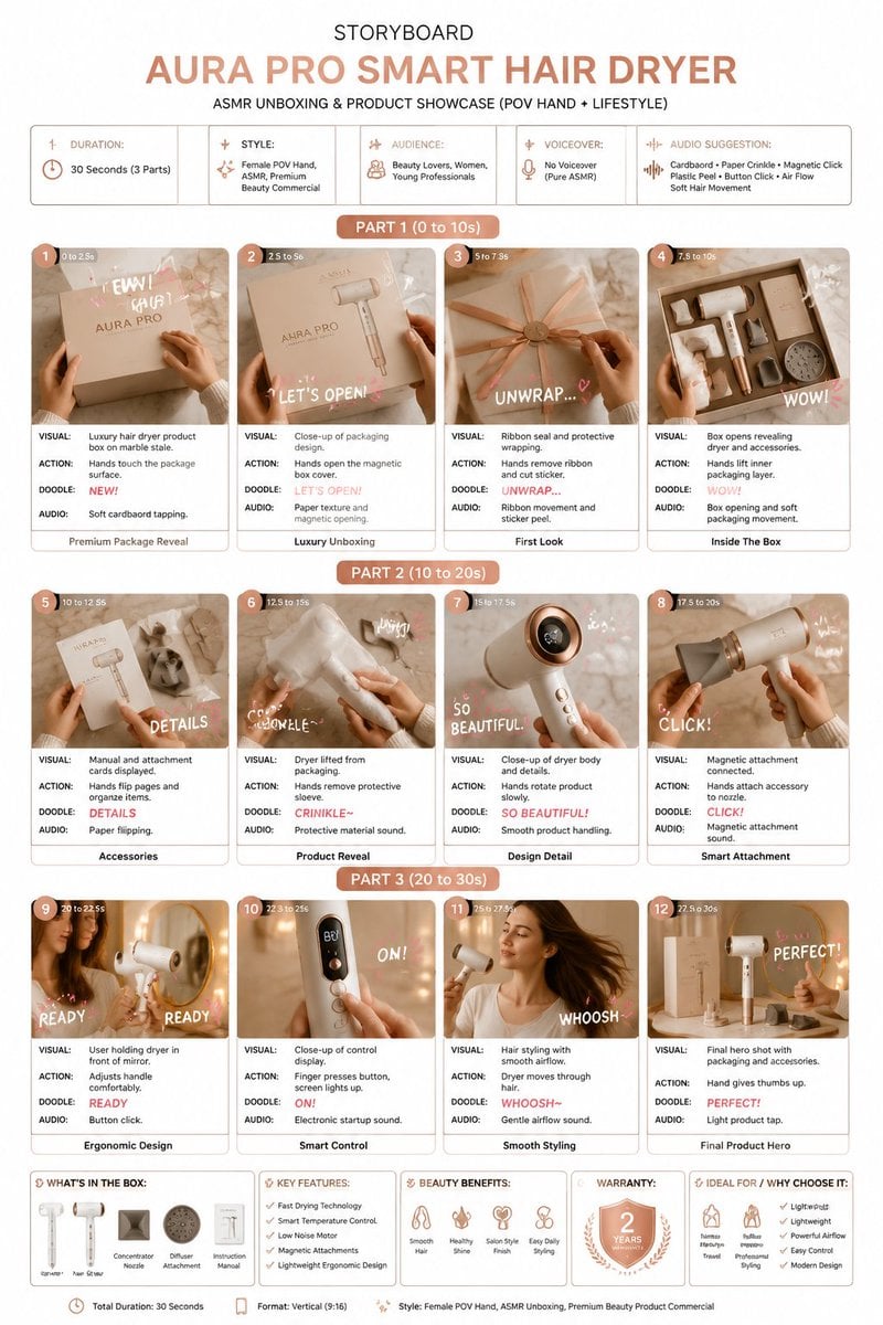 Luxury Hair Dryer ASMR Unboxing Storyboard