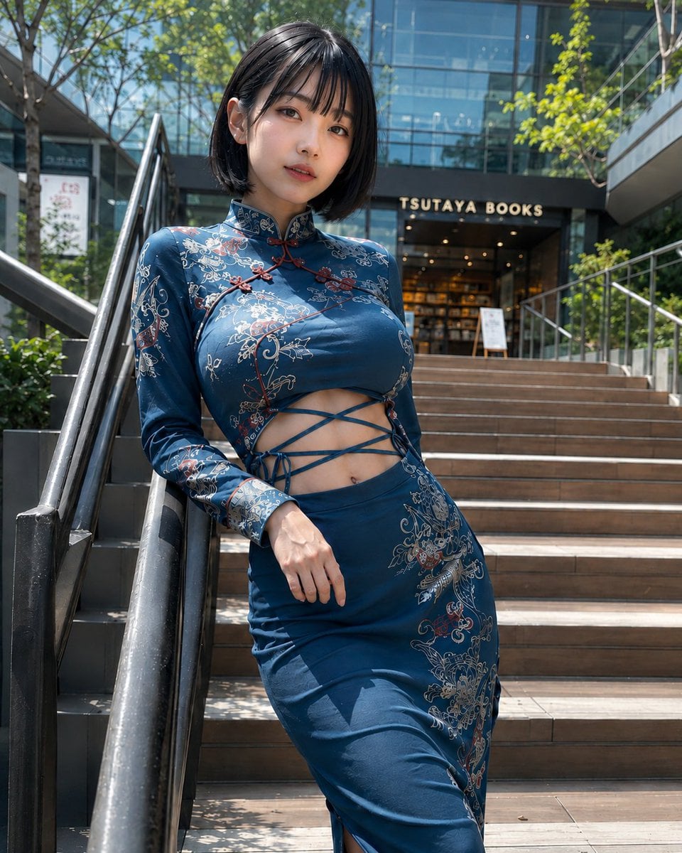 East Asian woman leaning on railing