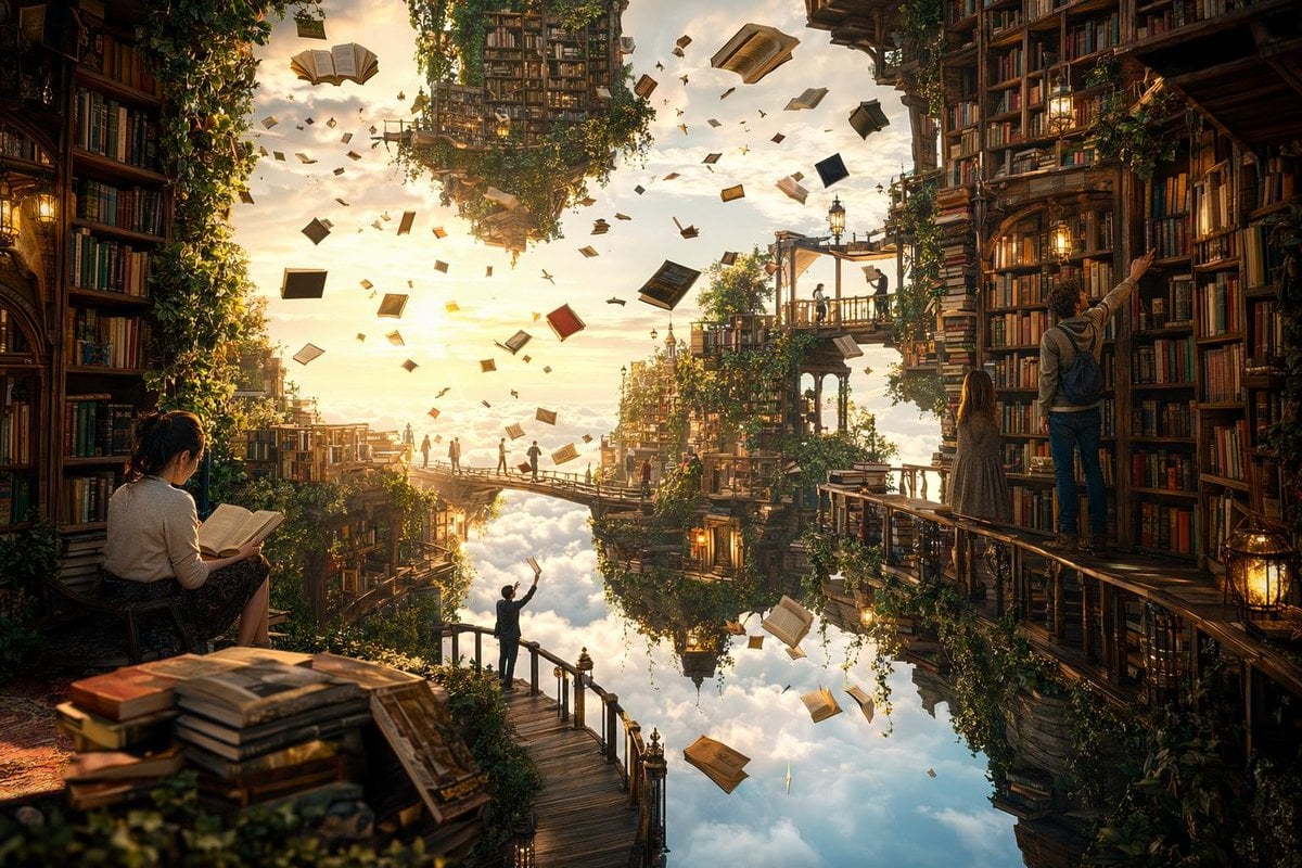 Floating Library Above Clouds at Golden Hour